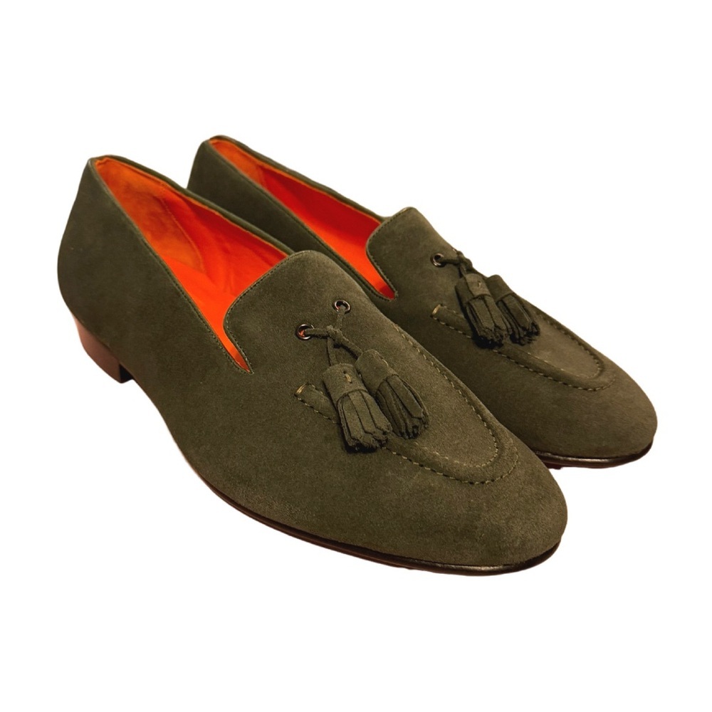 Arthur Sleep Tassel Loafers in Olive Green Suede